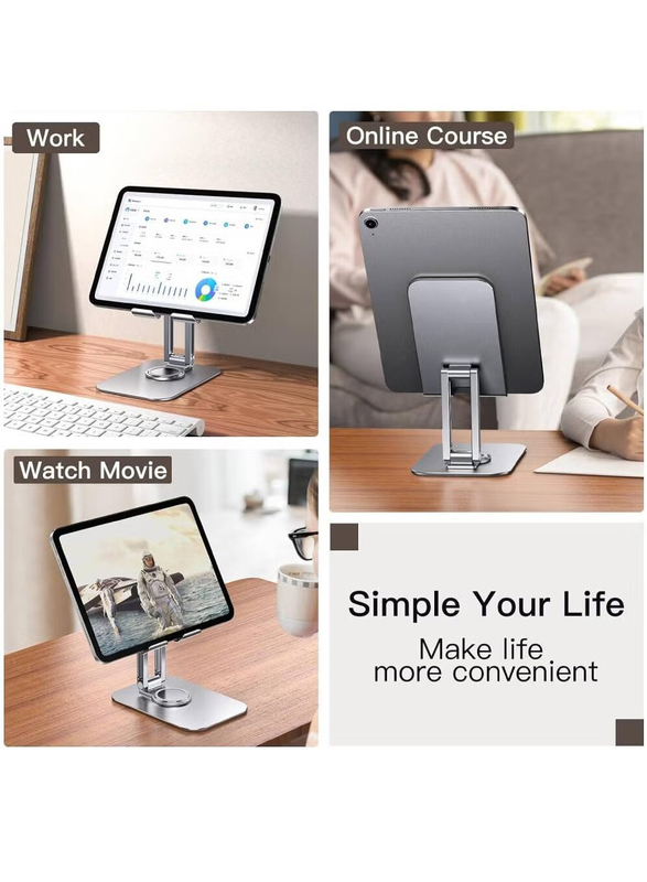 Rabos Adjustable Swivel Desktop Holder With 360 Degree Rotating Base Tablet Stand, Silver