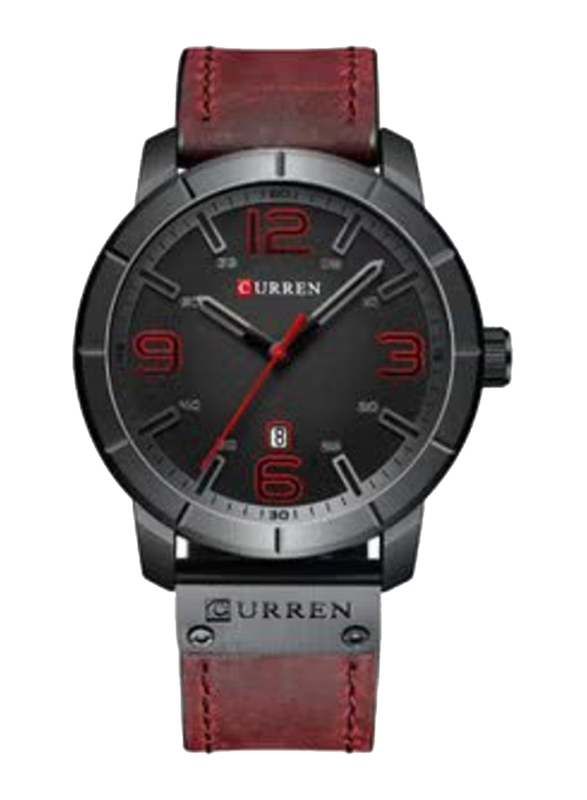 Curren Analog Watch for Men with Leather Band, Water Resistant, 8327, Black-Red