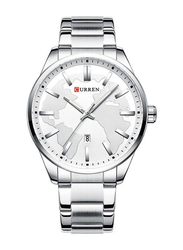Curren Analog Watch for Men with Stainless Steel Band, Water Resistant, J4139S-KM, White-Silver