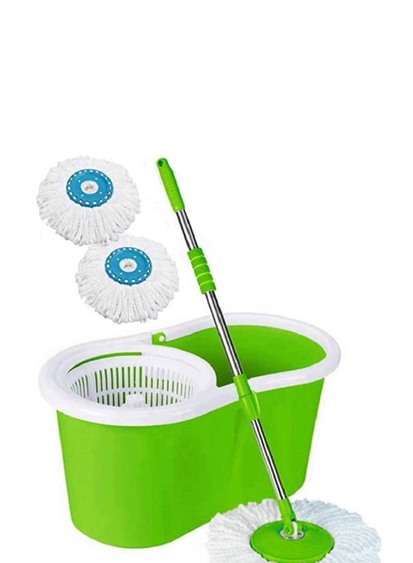 Spin Mop Bucket System 360 Spin Mop & Bucket Floor Cleaning Stainless Steel Mop Bucket with 2 Microfiber Replacement Head Refills, Green/White