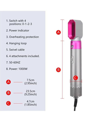 5 in 1 Hair Dryer Hot Air Brush Styler Negative Iron Hair Straightener Volumizer Hair Curler, Grey/Pink