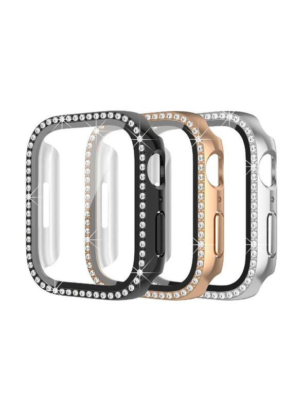3-Piece iWatch Protective PC Bling Diamond Crystal Frame Smartwatch Case Cover for Apple Watch Series 7 41mm, Black/Rose Gold/Silver