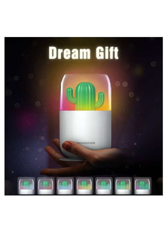 Air Purifier Cactus Cool Mist USB Powered Super Quiet Air-Burning Prevention With Compact Colourful LED Light Aroma Desktop Humidifier, White