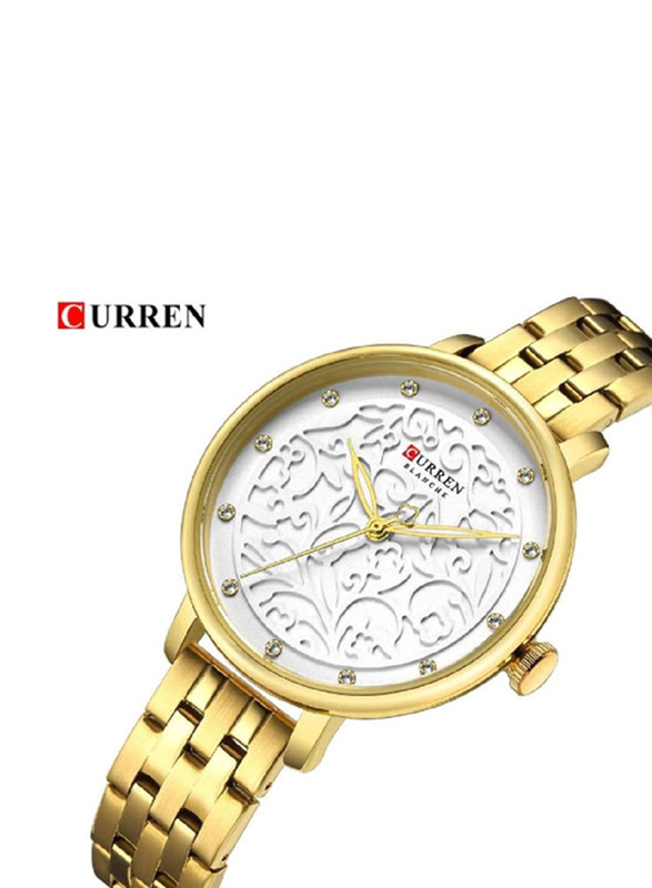 Curren Quartz Movement Analog Watch for Women with Stainless Steel Band, Water Resistant, 9046, Gold-White