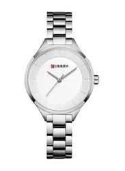 Curren Analog Watch for Women with Stainless Steel Band, Water Resistant, WT-CU-9015-SL, Silver-White
