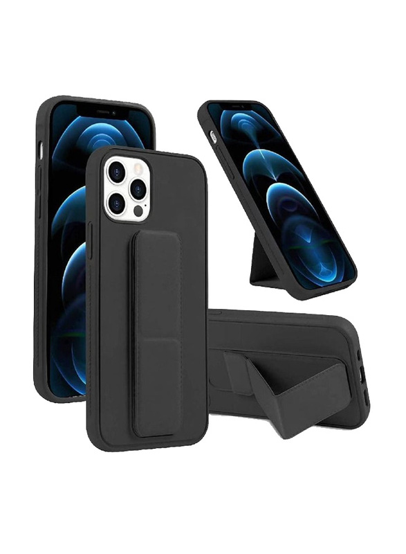 Apple iPhone 14 Pro Silicone Back Mobile Phone Case Cover with Foldable Magnetic Finger Strap and Hand Grip, Black