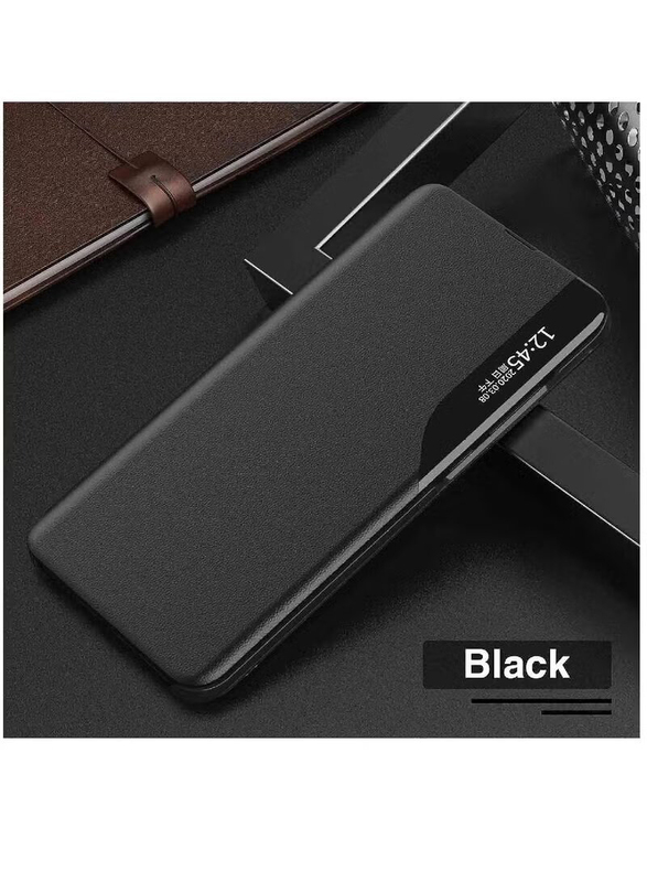 Case Me Oppo Reno 8 Lite Protective Windows Smart View Flip Foldable Kickstand Mobile Phone Case Cover, Black