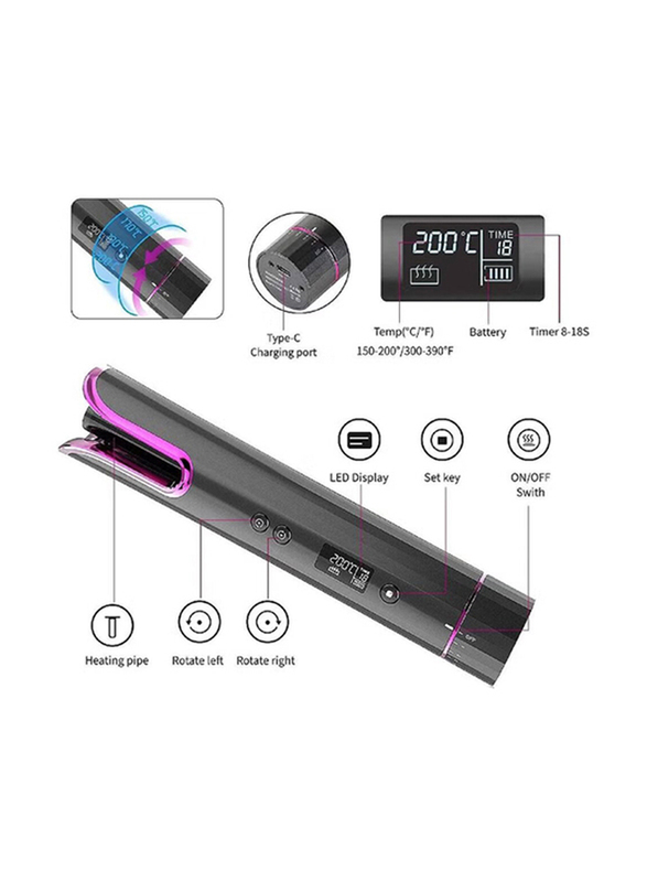 Cordless Automatic Curling Iron with LCD Display and 4 Adjustable Temperature, Multicolour