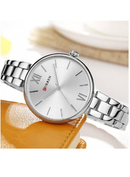 Curren Quartz Movement Analog Watch for Women with Stainless Steel Band, Water Resistant, White-Silver