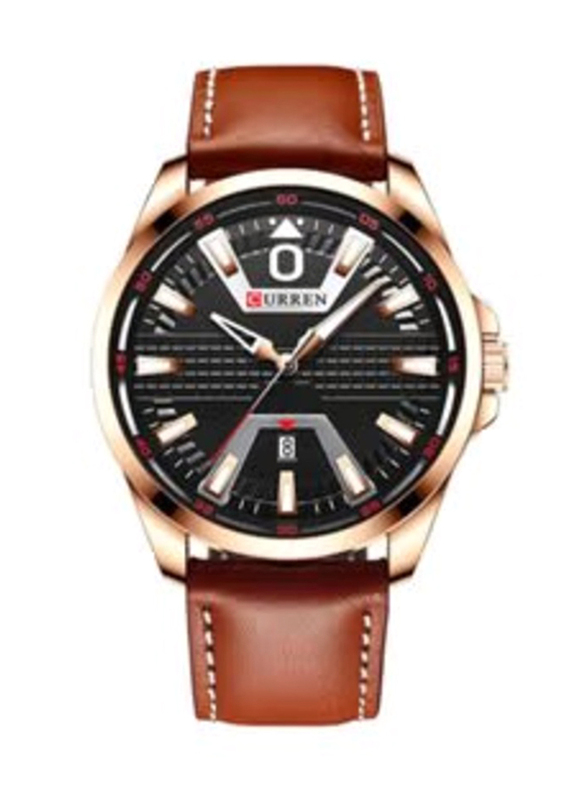 Curren Analog Watch for Unisex with Leather Band, J4364RG, Black-Brown