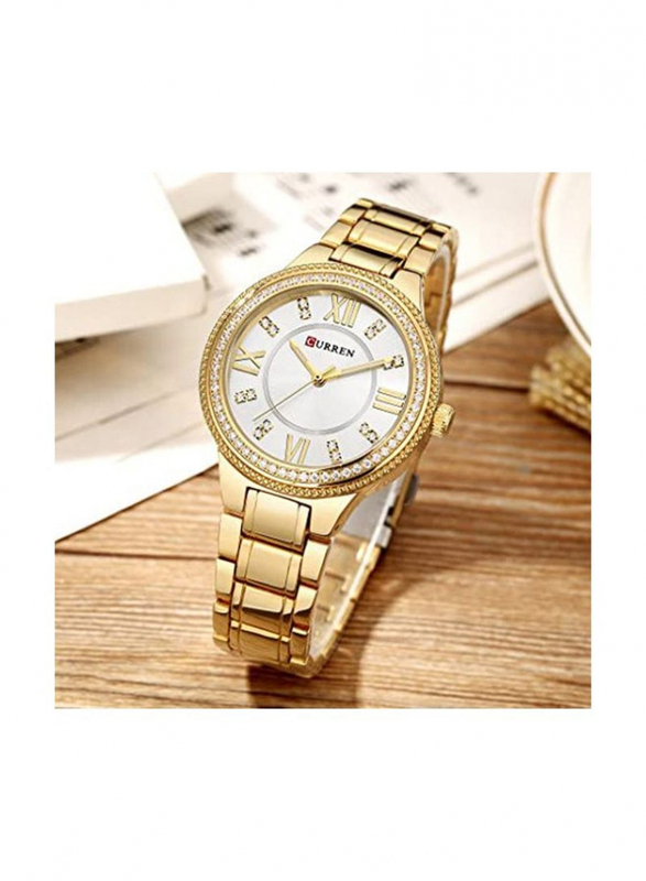 Curren Analog Watch for Women with Stainless Steel Band, Water Resistant, 9004, Gold-White