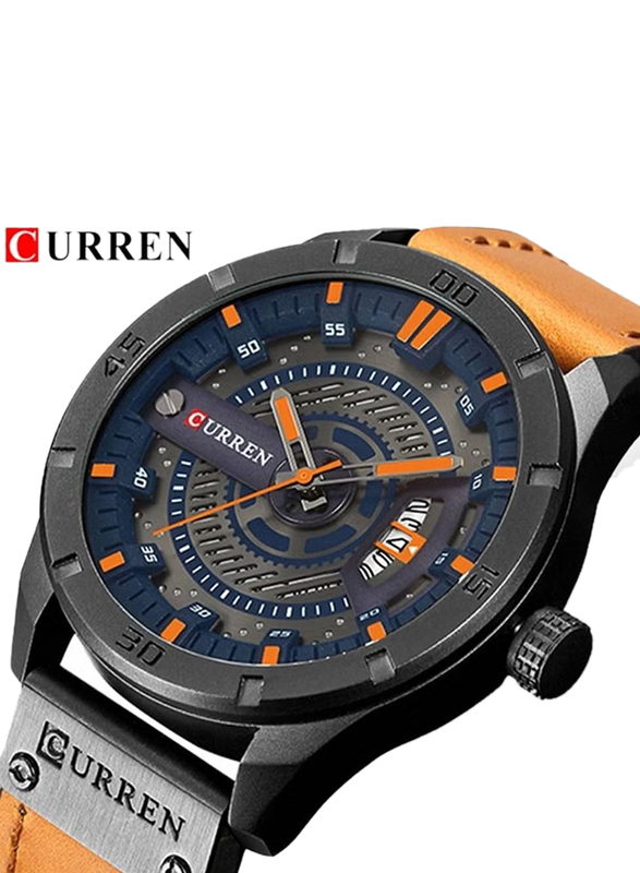 Curren Analog Watch for Men with Leather Band, Water Resistant, 8301, Brown-Black