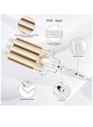 Rozia Professional 3-Barrel Curling Iron With 2-Speed Temperature, White/Gold