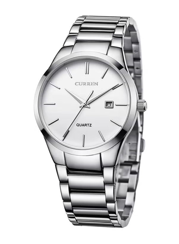 Curren Analog Watch for Men with Stainless Steel Band, Water Resistant, 8106, Silver-White