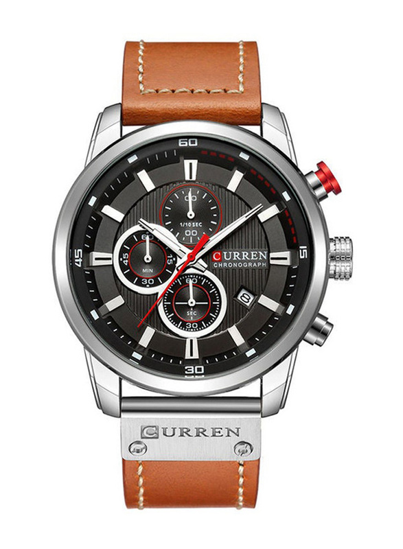 Curren Analog Watch for Men with Leather Band, Chronograph, J3591-1-1-KM, Brown-Black