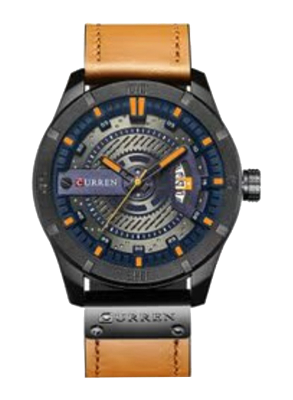 Curren Analog Watch for Men with Leather Band, J2775BLC-KM, Black/Blue-Brown