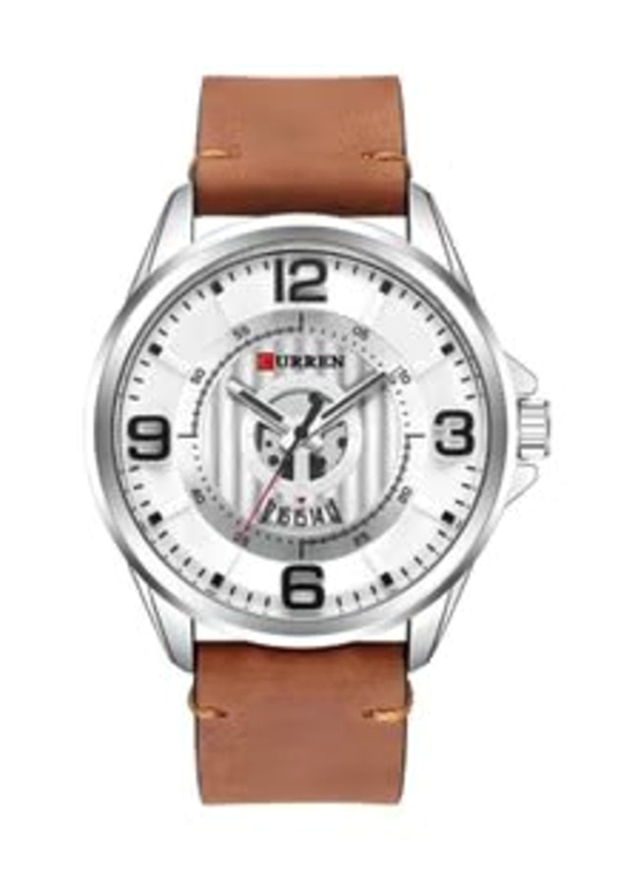 Curren Analog Watch for Men with Leather Band, Water Resistant, M-8305-1, White-Brown