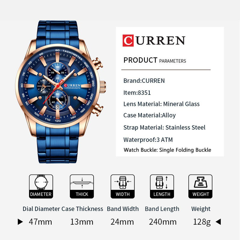 Curren Analog Watch for Men with Stainless Steel Band, Water Resistant, J4516S-BL-KM, Silver-Blue