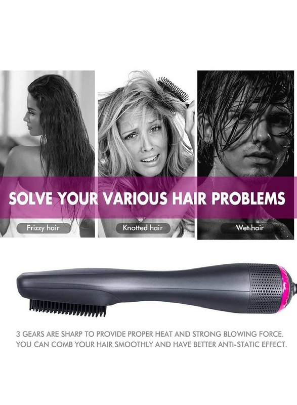 3-in-1 Professional Hair Brush Negative Ion Blow Dryer Straightening Brush Hot Air Styling Comb, Grey/Pink