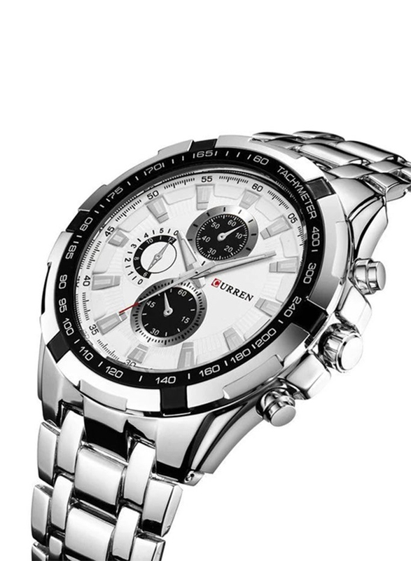 Curren Analog Watch for Men with Stainless Steel Band, Water Resistant and Chronograph, Silver-White