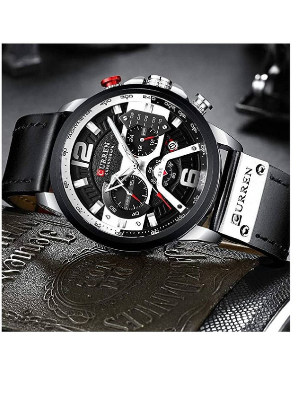 Curren Analog Watch for Men with Leather Band, Water Resistant and Chronography, N936783533A, Black-Black/Silver