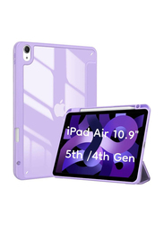 Apple iPad Air 10.9-inch 5th/4th Generation 2022/2020 Clear Transparent Back Shell Trifold Protective Smart Cover with Pencil Holder, Purple