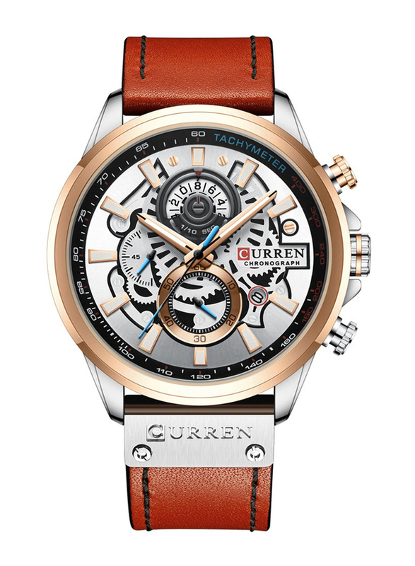 Curren Quartz Movement Analog Watch Unisex with Leather Band, Water Resistant & Chronograph, J4517RG-S-KM, Silver-Brown