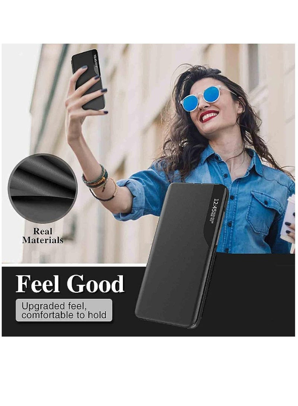 Olliwon Xiaomi Redmi Note 12 Pro Protective Windows Smart View Foldable Kickstand Mobile Phone Flip Case Cover, Black