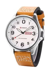 Curren Analog Watch for Men with Leather Band, Water Resistant, 8269, White-Brown