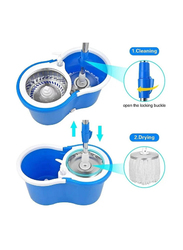 Spin Stainless Steel Handle Mop Bucket with Wringer Set & Floor Cleaning System Easy Wring Foot Pedal, Blue/White