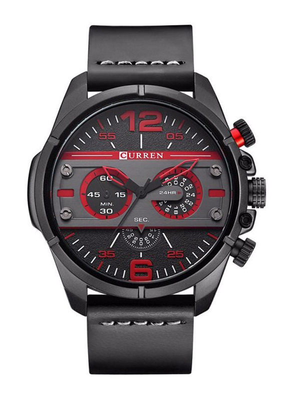 Curren Analog Watch for Men with Leather Band, Water Resistant & Chronograph, 8259, Red-Black