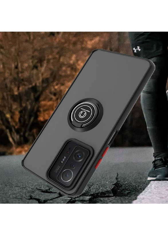 Xiaomi Mi 11T Pro Silicone Mobile Phone Case Cover with 360 Rotational Car Mount Magnetic Ring Holder, Black