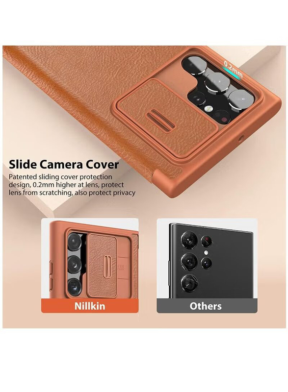 Nillkin Samsung Galaxy S22 Ultra Qin Leather Mobile Phone Case Cover with Slide Camera Protection, Brown