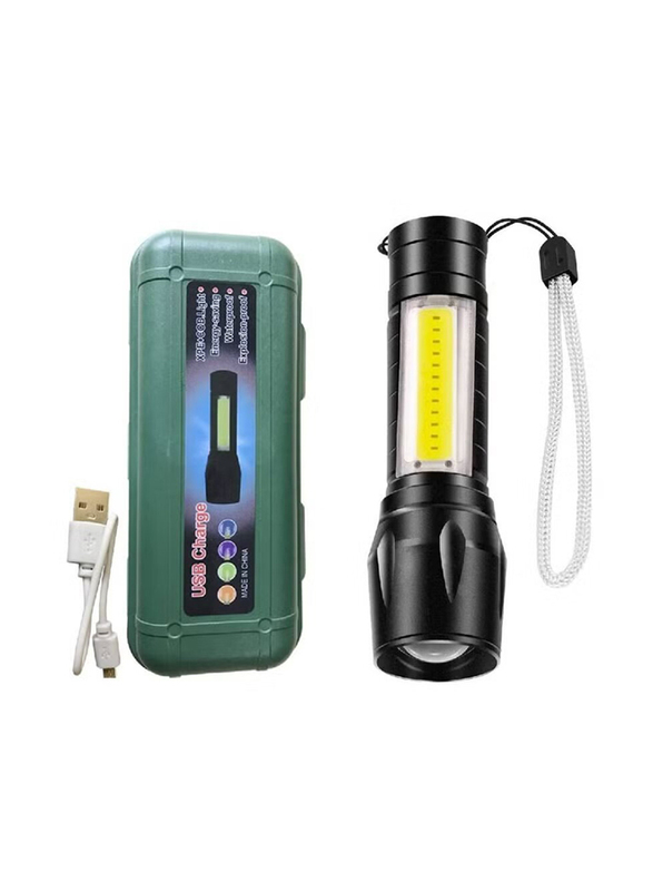 USB Mini Rechargeable Ultra Brightest LED Torch Light with Side Lantern, Black/White