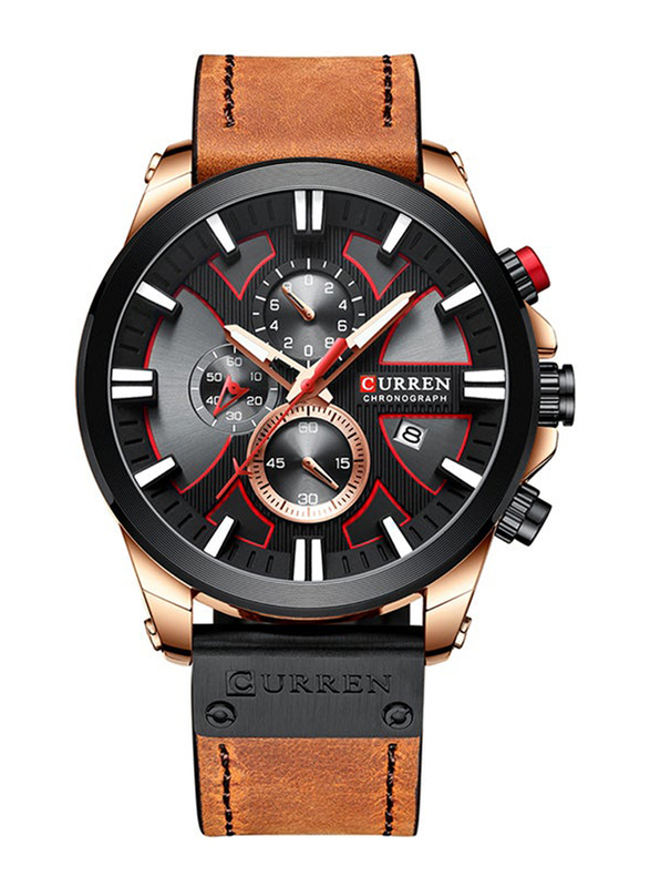 Curren Analog Watch for Men with Leather Band, Water Resistant & Chronograph, J4299BR-2, Brown-Black