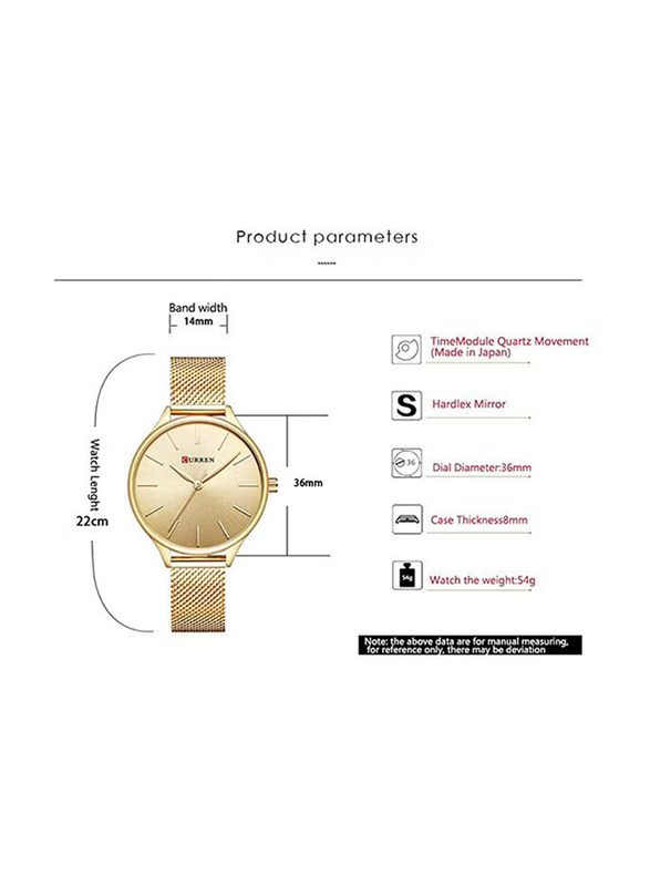 Curren Analog Watch for Women with Stainless Steel Band, Water Resistant, 9024, Gold-Gold