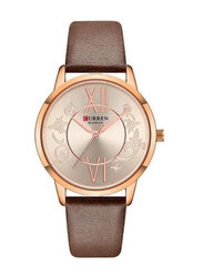 Curren Analog Watch for Women with Leather Band, 9049, Coffee-Gold