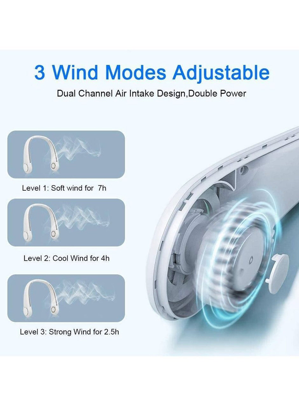 Portable USB Rechargeable Hands Free Bladeless 360° Cooling Neck Fan with 3 Wind Speed for Outdoor & Indoor, White