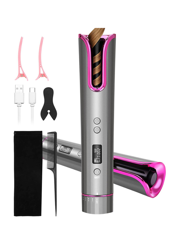 LCD Display & 4 Adjustable Temperature Portable USB Rechargeable Cordless Automatic Curling Iron, Multicolour