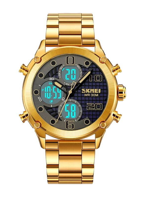 SKMEI Business Analog/Digital Wrist Watch for Men with Stainless Steel Band, Water Resistant, Gold-Black