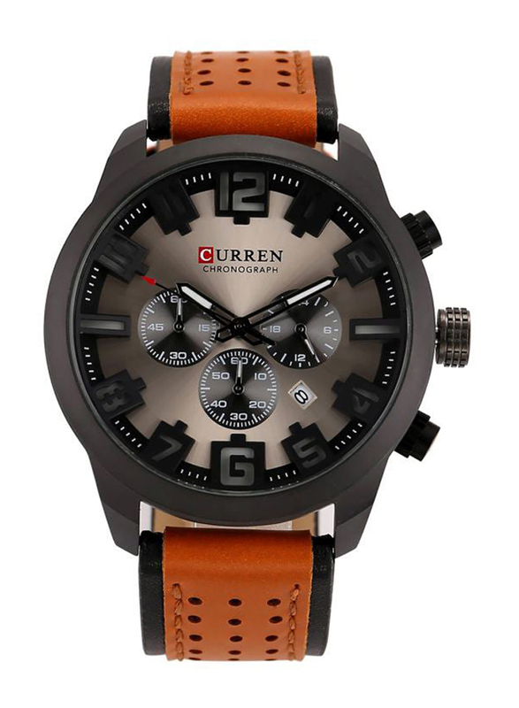 Curren Analog Watch for Men with Leather Band, Water Resistant and Chronograph, WT-CU-8289-GY, Brown-Grey