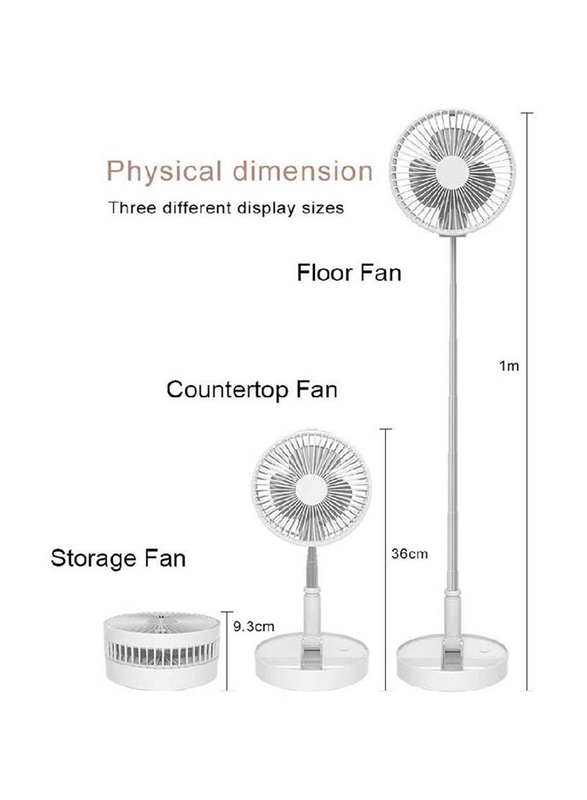 USB Rechargeable Battery Portable Height Adjustable Folding Mini Desk Fan and Standing Fan, White