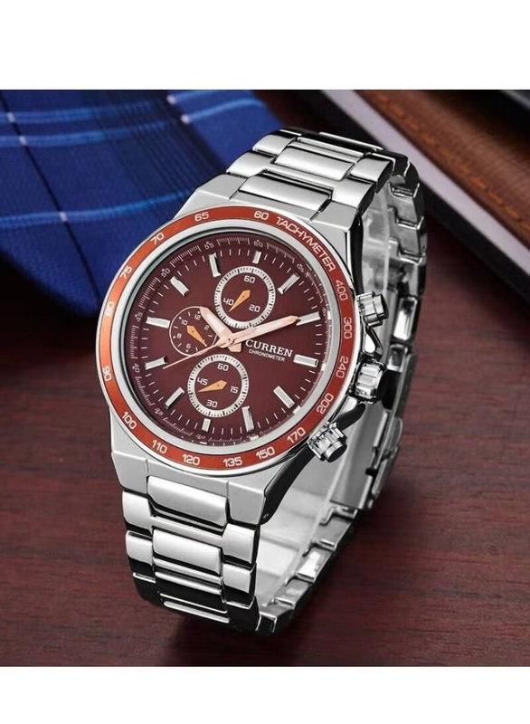 Curren Stylish Analog Watch for Men with Stainless Steel Band, Water Resistant and Chronograph, Silver-Red