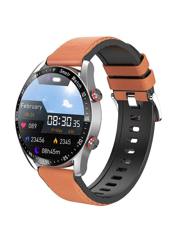 46mm Smartwatch, IP67 Waterproof Fitness Watch with Bluetooth Voice Call, HD Full Touching Screen, Smart Reminder & Heart Rate-Sleep Monitor, Brown/Silver