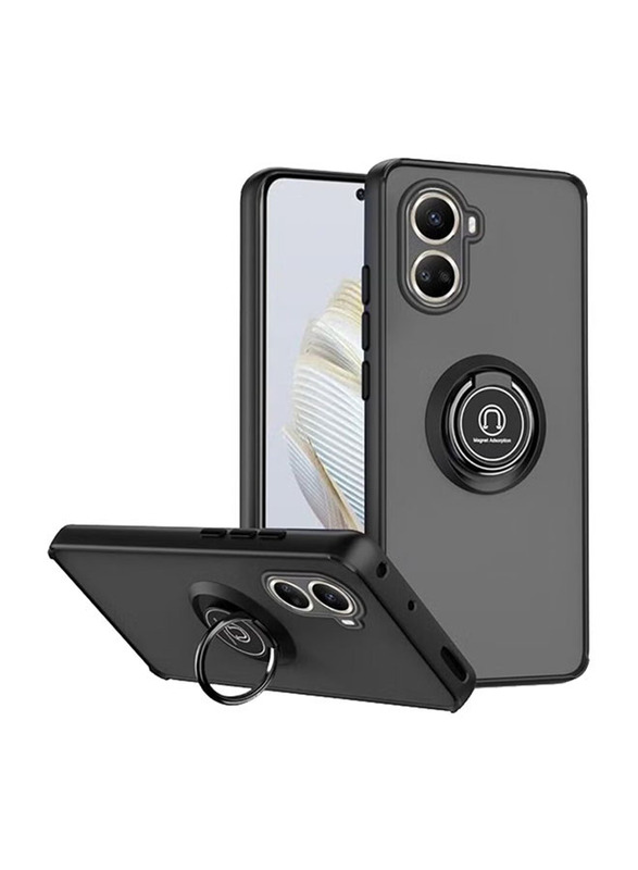 Olliwon Huawei Nova 10 SE Protective Shockproof Car Magnetic Mount Matte Back Mobile Phone Case Cover with Metal Ring Holder, Black