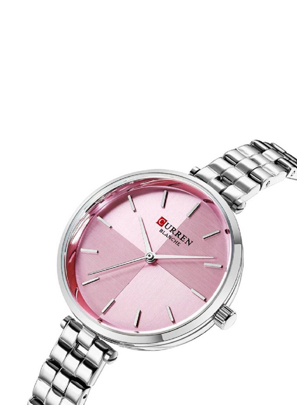 Curren Simple Style Analog Watch for Women with Stainless Steel Band, Water Resistant, 9043, Silver-Pink