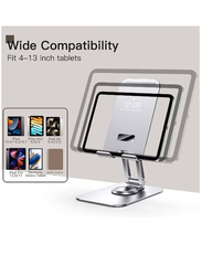 Universal Foldable Cradle Adjustable Swivel Desktop Holder Tablet Stand with 360 Degree Rotating Base, Silver