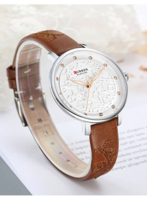 Curren Analog Watch for Women with Leather Band, Water Resistant, J4341K-2, Brown-White
