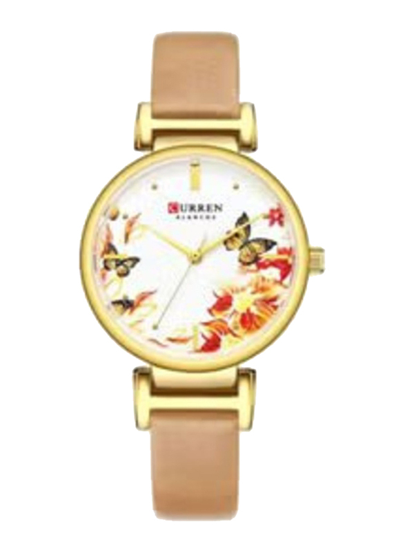Curren Analog Watch for Women with Leather Band, Water Resistant, C9053L-3, White-Beige