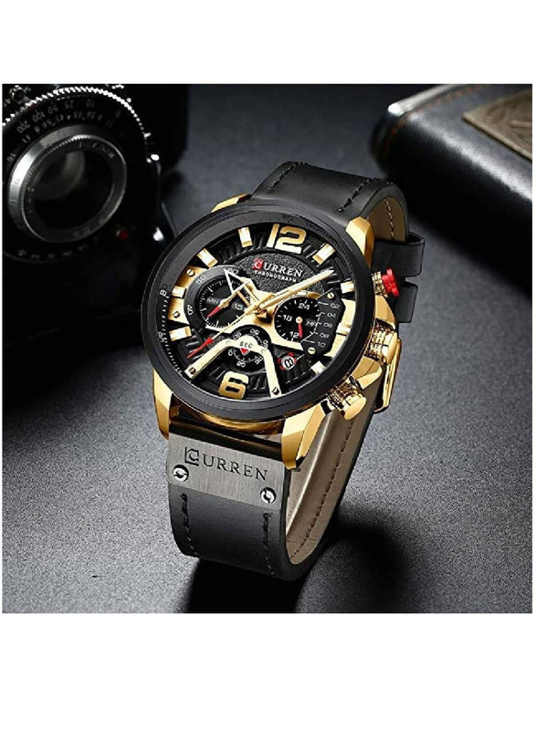 Curren Analog Watch for Men with Leather Band, Water Resistant and Chronograph, Black-Multicolour